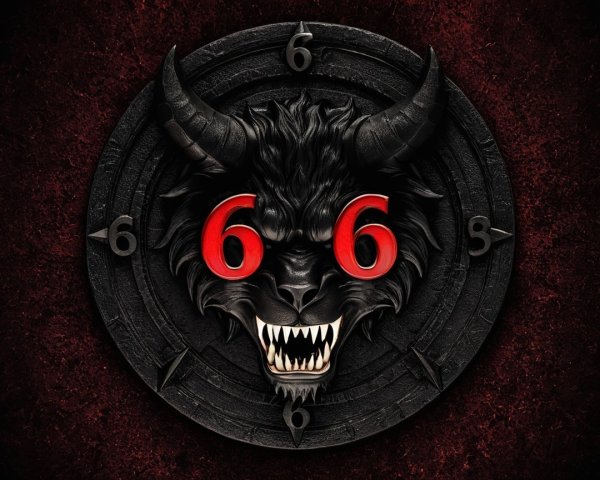 Demonic Face with Red Eyes and 666 Symbols