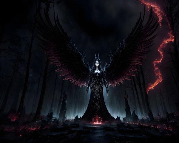 Majestic Figure with Black Wings in Dark Forest