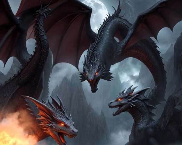 Dragons with dark scales soar in a night sky scene