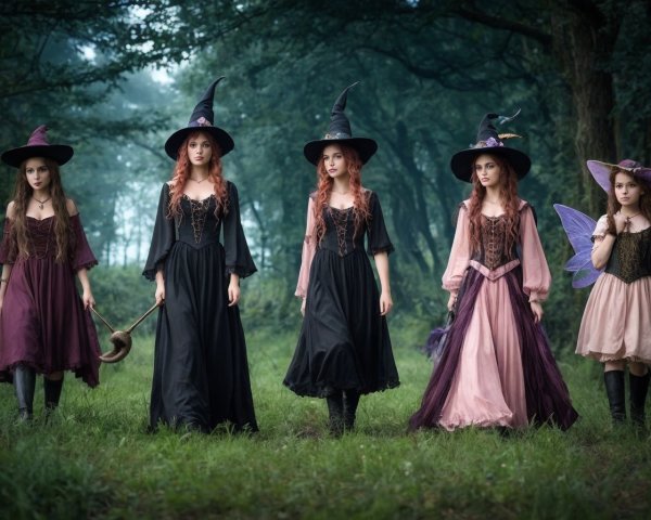 Enchanting Witches and Fairy in Mystical Forest