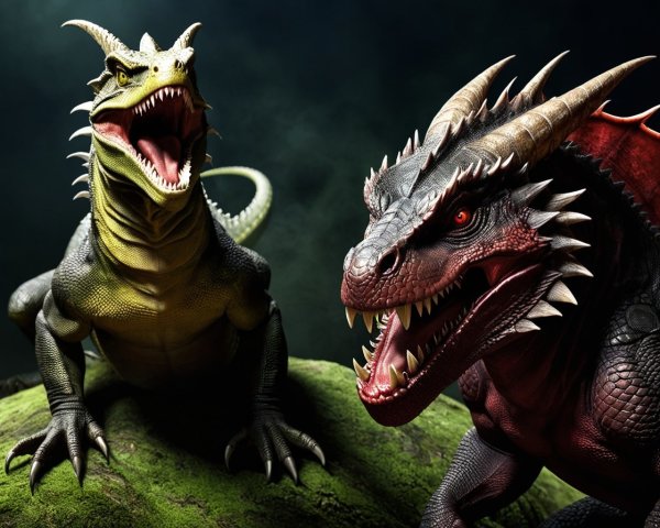 Dragons on Moss-Covered Rock in Misty Background