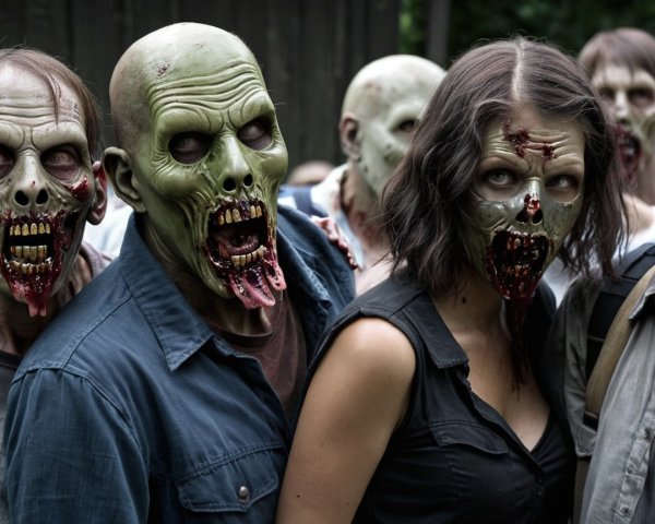 Grotesque Figures in Zombie Masks in Dim Lighting