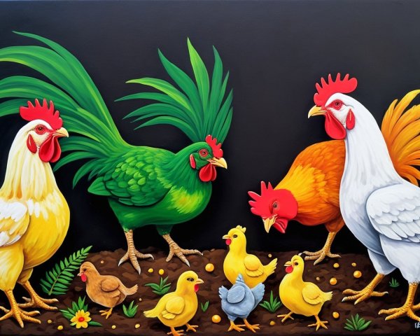 Colorful Chickens and Chicks in Lively Painting