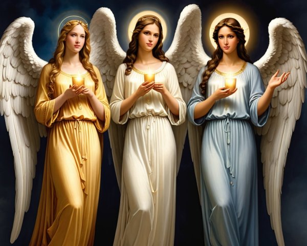 Ethereal Angels in Flowing Robes Against Dark Backdrop