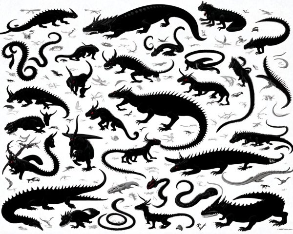 Collection of Mythical Creatures in Black Silhouettes
