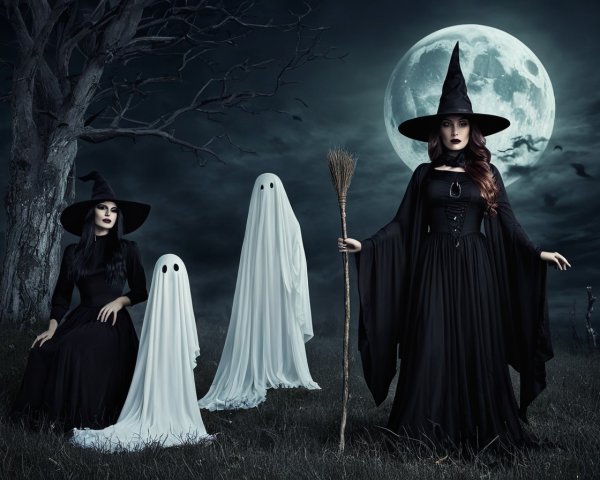 Witches and Ghosts in a Moonlit Spooky Setting