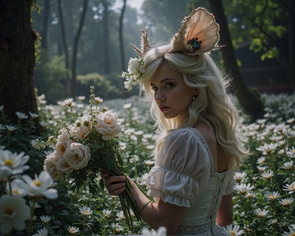 Whimsical Young Woman in Sunlit Flower Meadow