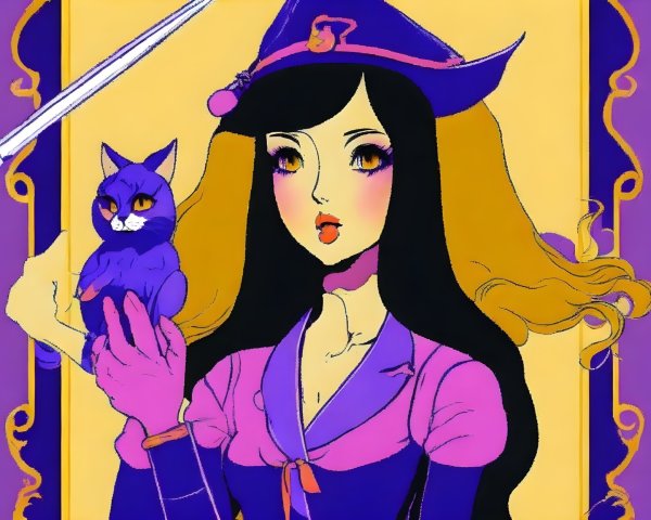 Whimsical character in vibrant purple with blue cat