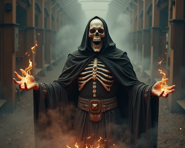 Skeletal Figure in Dark Robes with Flames in Hands