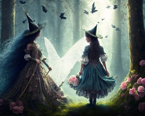 Enchanting Figures in a Mystical Forest Setting