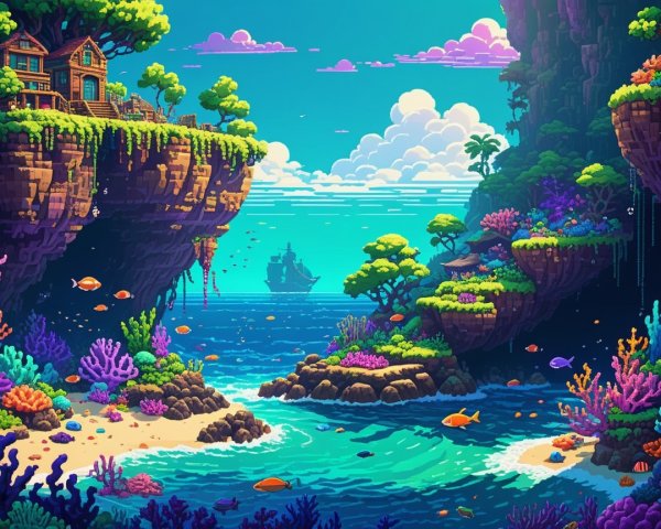 Vibrant Pixel-Art Landscape with Coral Reefs and House