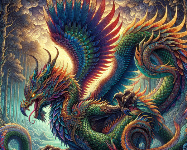 Vibrant dragon in a mystical forest setting