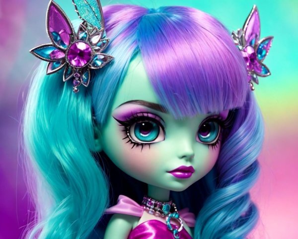 Vibrant doll with teal and purple hair in pastel setting