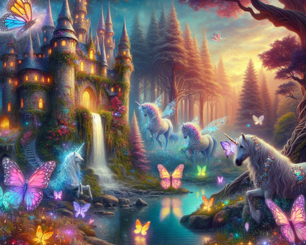 Magical Fantasy Landscape with Castle and Unicorns