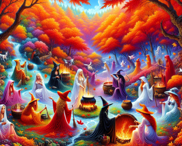 Enchanted forest scene with witches and potions