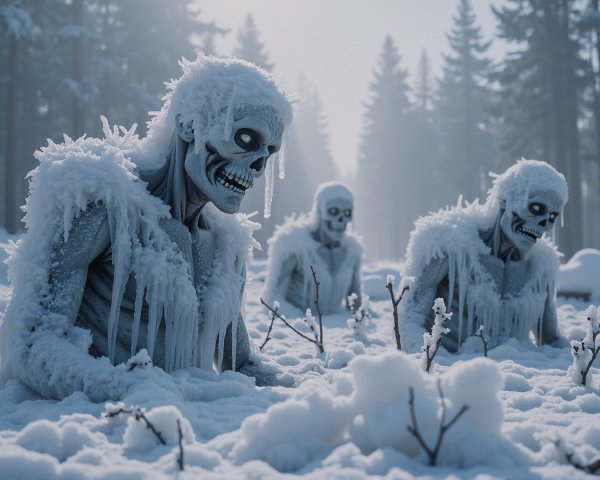 Skeletal Figures in a Haunting Winter Landscape