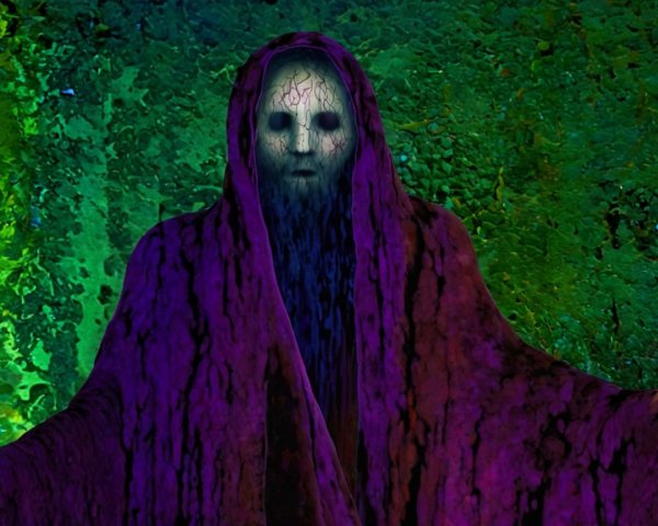 Mysterious figure in purple robe against abstract backdrop