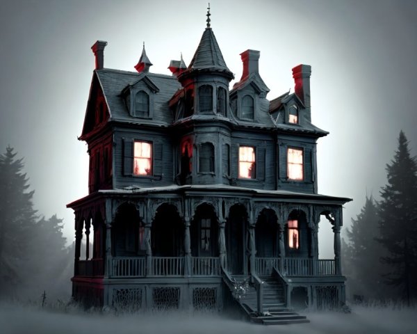 Dark Victorian Mansion with Eerie Atmosphere and Shadows