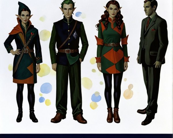 Fantasy Characters in Elegant Attire with Colorful Backdrop