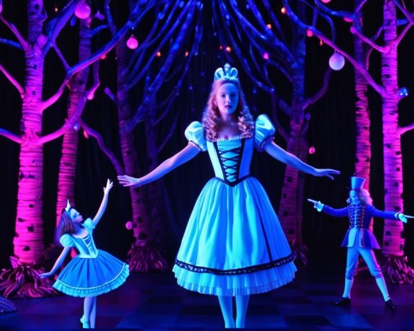 Whimsical Stage Scene with Alice and Surreal Trees