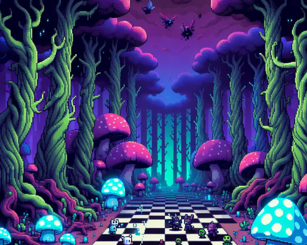 Vibrant Pixel Art Forest with Colorful Mushrooms