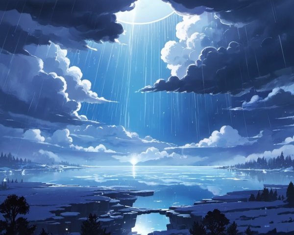 Serene Landscape with Dramatic Sky and Rainfall