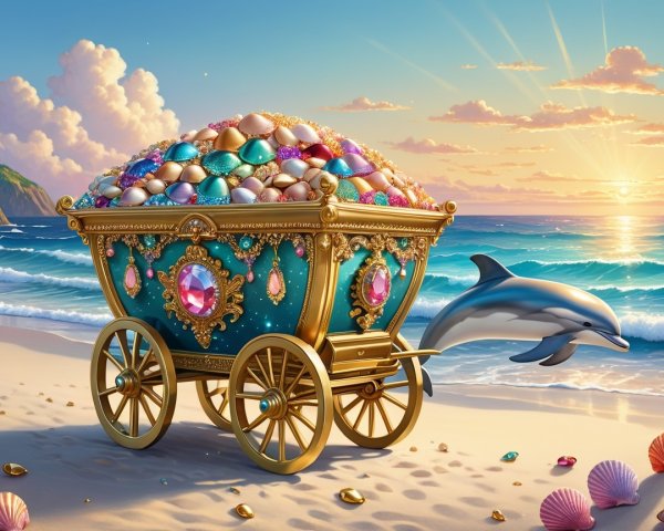Colorful Seashells and Jewels on a Beach Cart