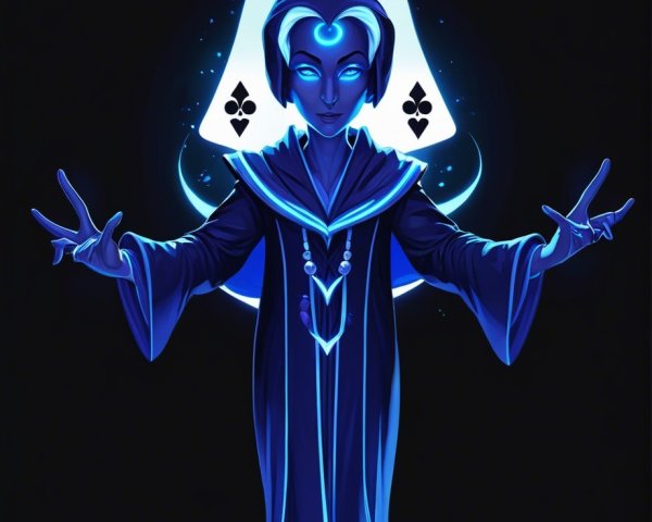Mystical Figure in Blue Robe with Glowing Patterns