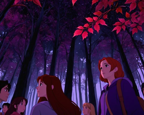 Young People in a Mystical Purple-Hued Forest