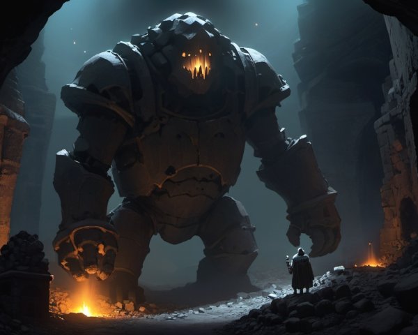 Colossal Stone Golem in Dimly Lit Cavern Scene