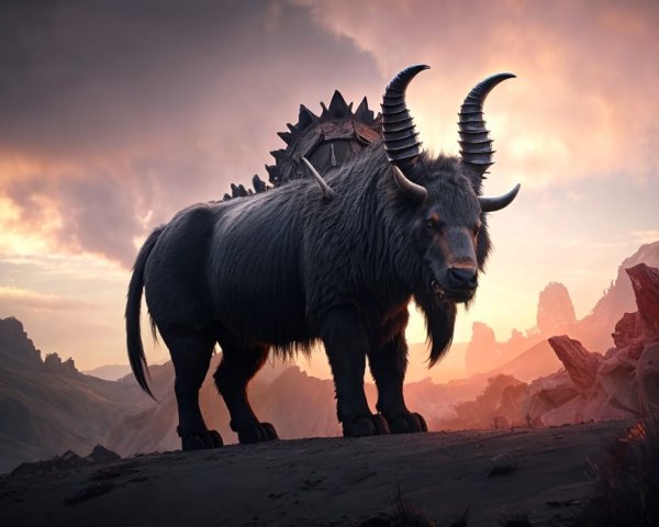 Majestic Creature in Surreal Landscape at Sunset