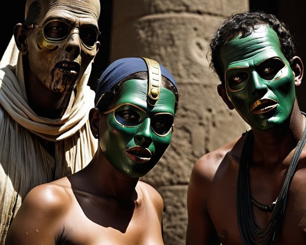 Three Individuals in Green Masks Against Stone Columns