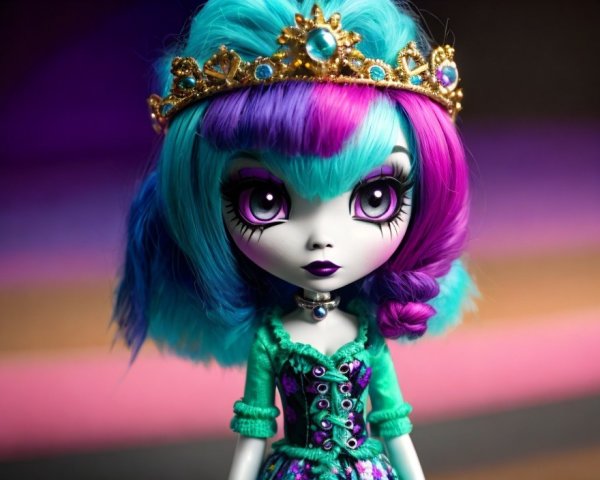 Vibrant doll with teal and purple hair and crown