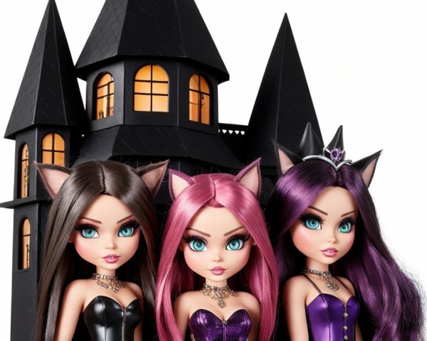 Fashionable Dolls in Front of a Gothic Castle