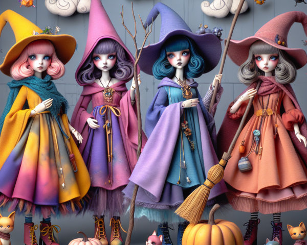 Whimsical Dolls in Colorful Witch Costumes Scene