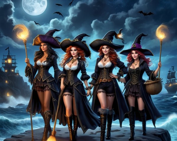Enchanting Witches on a Rocky Shore Under Full Moon