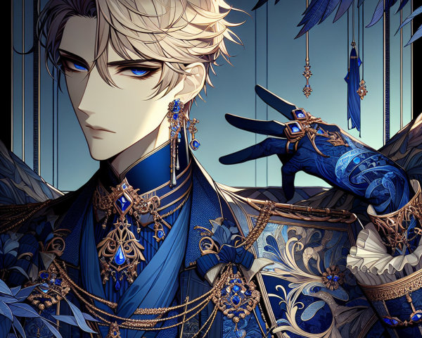 Elegant Character in Lavish Blue and Gold Ensemble