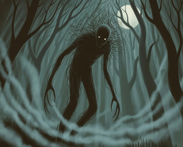 Tall, slender figure in a shadowy forest setting