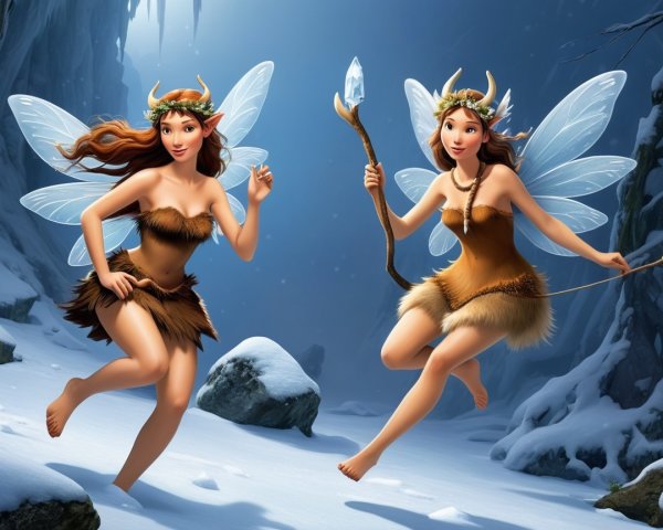Fairies Play in a Magical Winter Landscape