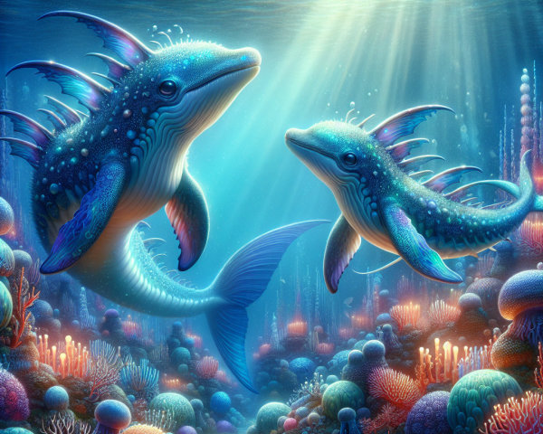 Vibrant Underwater Scene with Colorful Dolphins and Coral