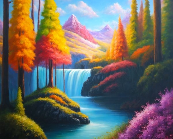 Vibrant Landscape with Waterfall and Autumn Foliage