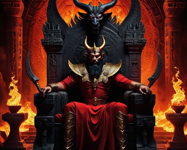 Regal Figure on Ornate Throne with Fiery Background