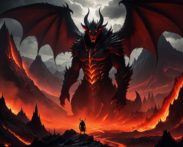 Colossal Dragon Against Lava Mountains with Ominous Sky