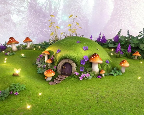 Charming Hill with Round Door and Colorful Wildflowers
