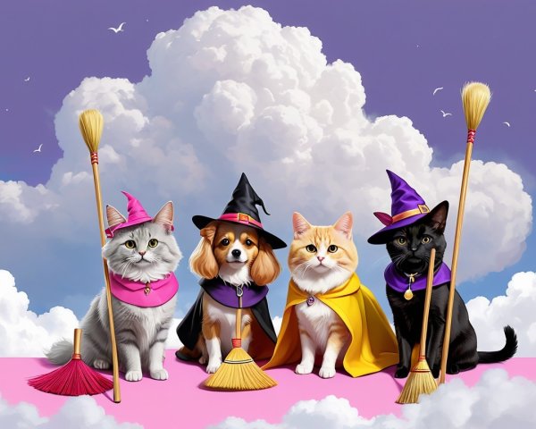 Whimsical Pets in Colorful Witch Costumes on Cloud