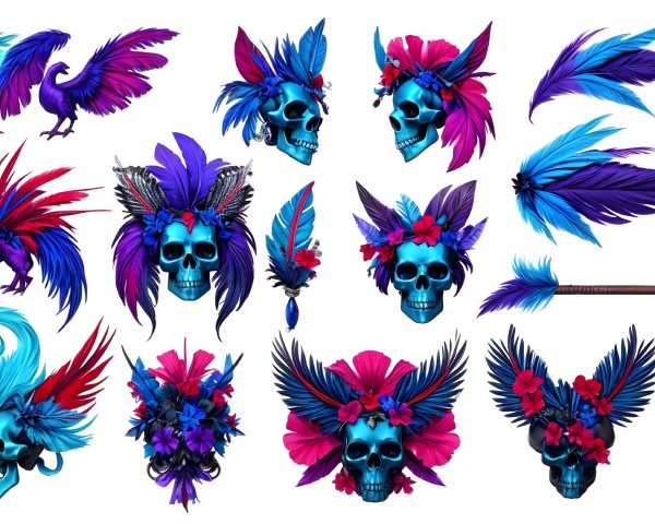 Colorful Artistic Skulls with Feathers and Floral Designs