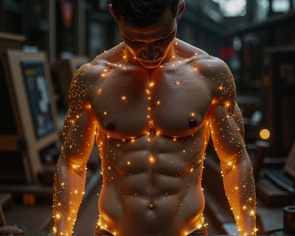 Muscular Man in Dim Light with Golden Cosmic Effects