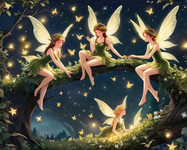 Enchanting Fairies Gather in a Moonlit Forest Scene