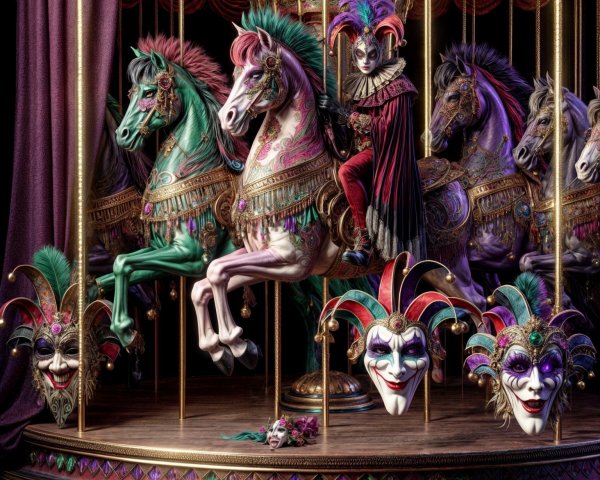Vibrant Carousel with Colorful Horses and Masks