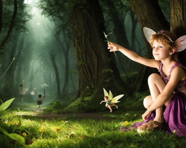 Whimsical Girl in Enchanted Forest with Fairies
